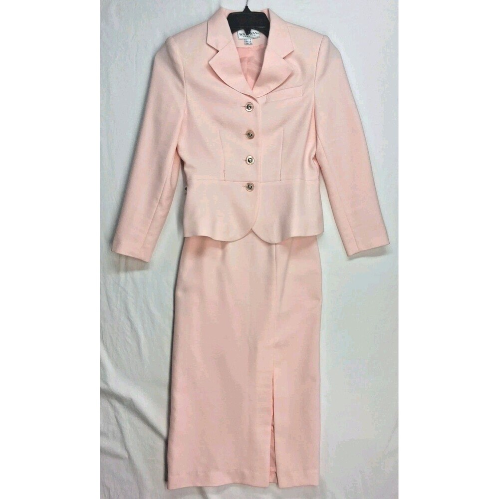 Vintage 80s WahWay Womens S Powder Pink Suit Skirt Set Dopamine Workwear Pastel